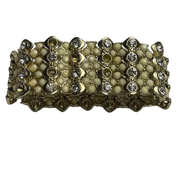Vintage Stretch Bracelet Gold Tone Faux Pearls Rhinestones u Expandable Costume - Picture 4 of 5